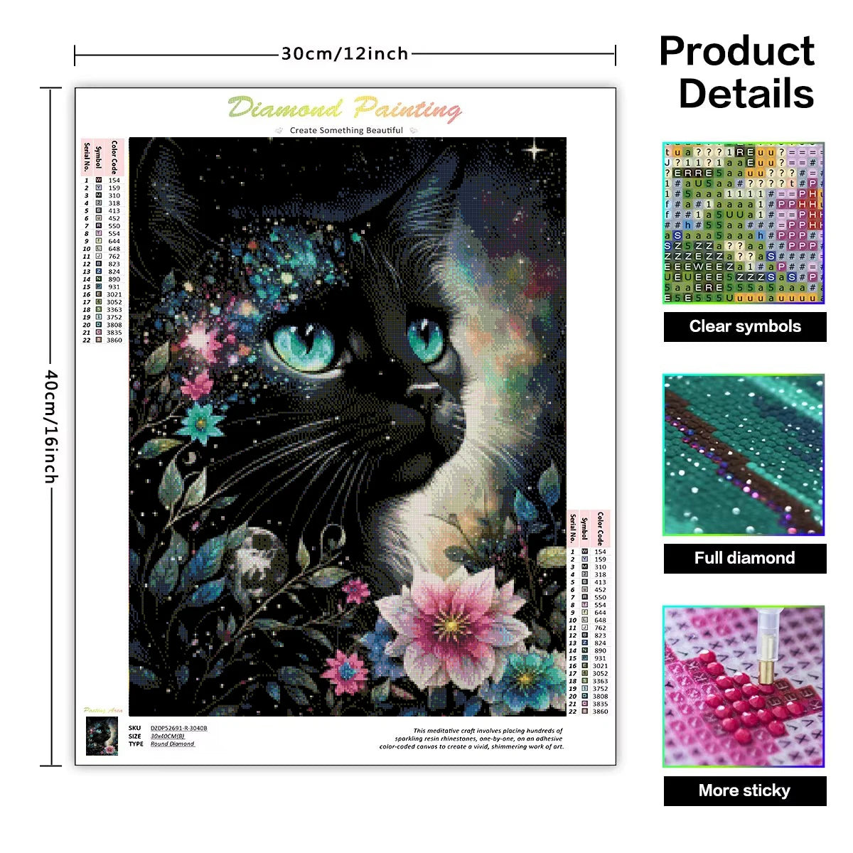 Midnight Blossom Cat Diamond Painting Kit