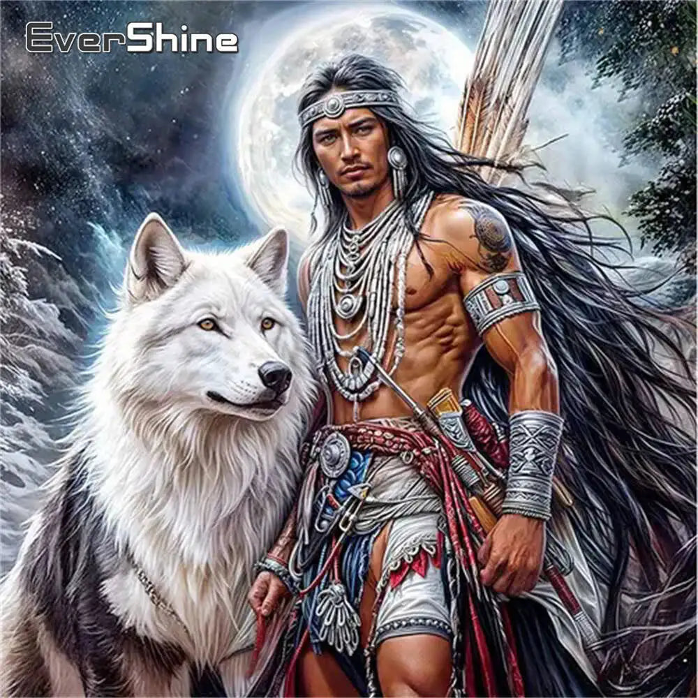 Moonlit Warrior & White Wolf Diamond Painting Kit