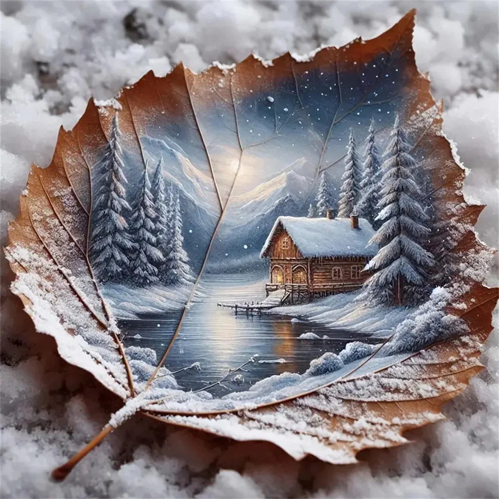 Winter Keepsake – Cabin in a Leaf Diamond Painting Kit