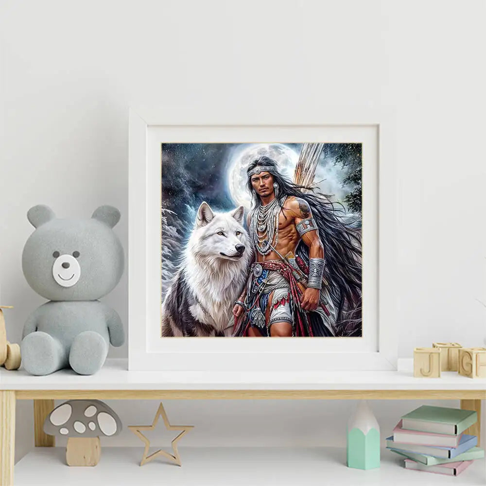 Moonlit Warrior & White Wolf Diamond Painting Kit