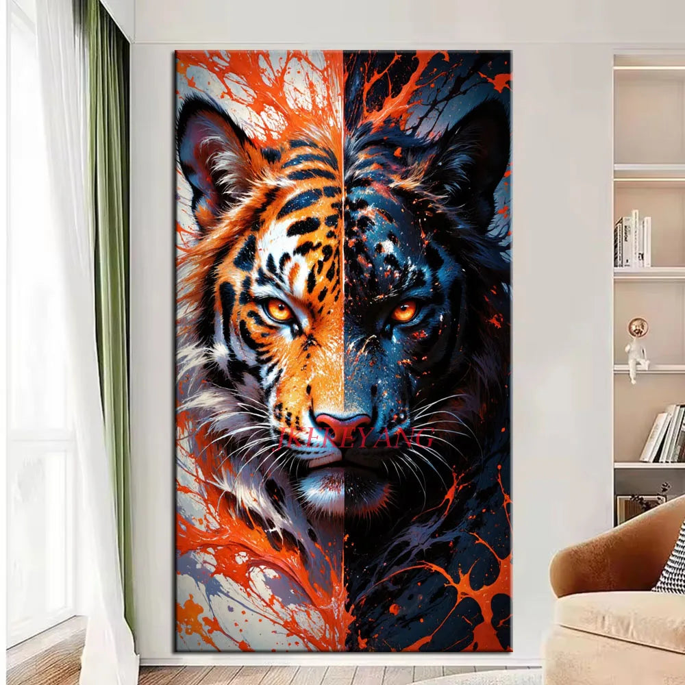 Wild Duality Tiger diamond painting design shown in a room mockup; frame not included