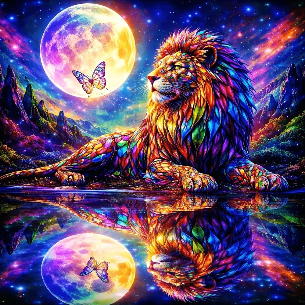 Cosmic Moon Lion – AB & Fairy Dust Diamond Painting Kit
