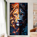 Wild Duality Lion diamond painting design shown in a room mockup; frame not included