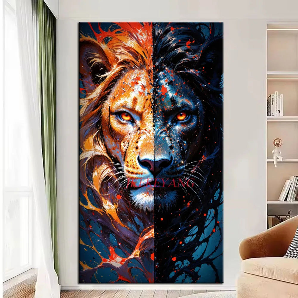 Wild Duality Lion diamond painting design shown in a room mockup; frame not included