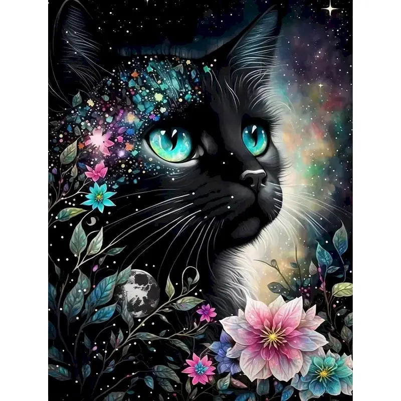 Midnight Blossom Cat Diamond Painting Kit