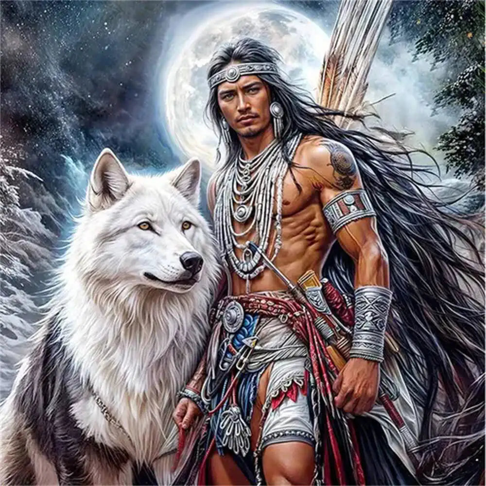 Moonlit Warrior & White Wolf Diamond Painting Kit
