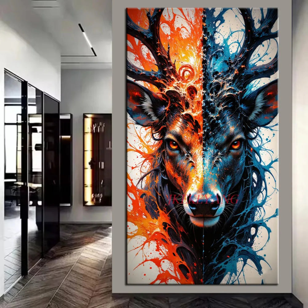 Wild Duality Stag diamond painting design shown in a room mockup; frame not included