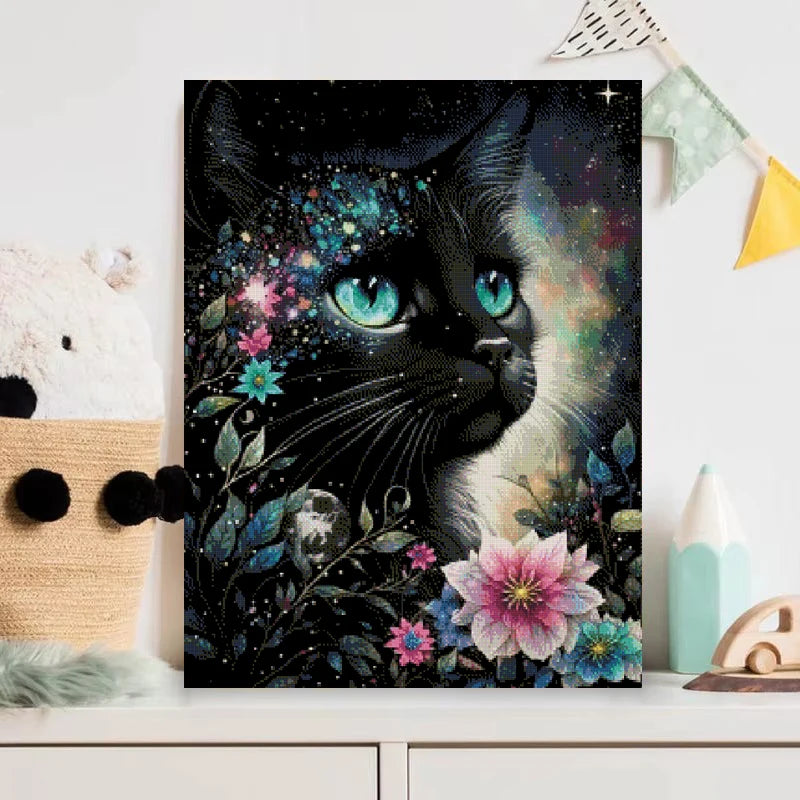 Midnight Blossom Cat Diamond Painting Kit