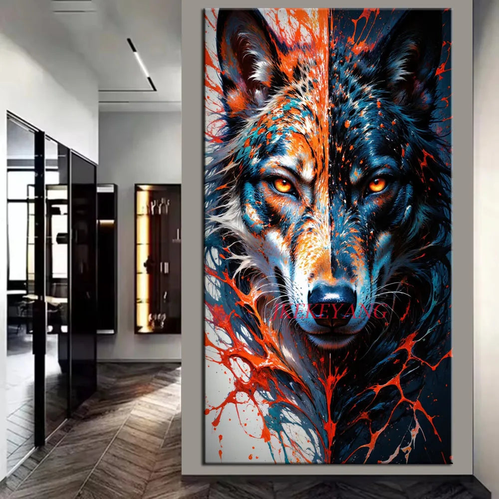 Wild Duality Wolf diamond painting design shown in a room mockup; frame not included