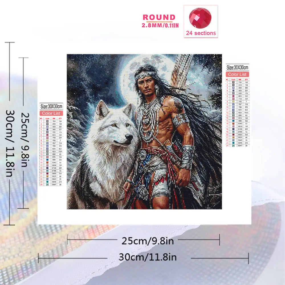 Moonlit Warrior & White Wolf Diamond Painting Kit