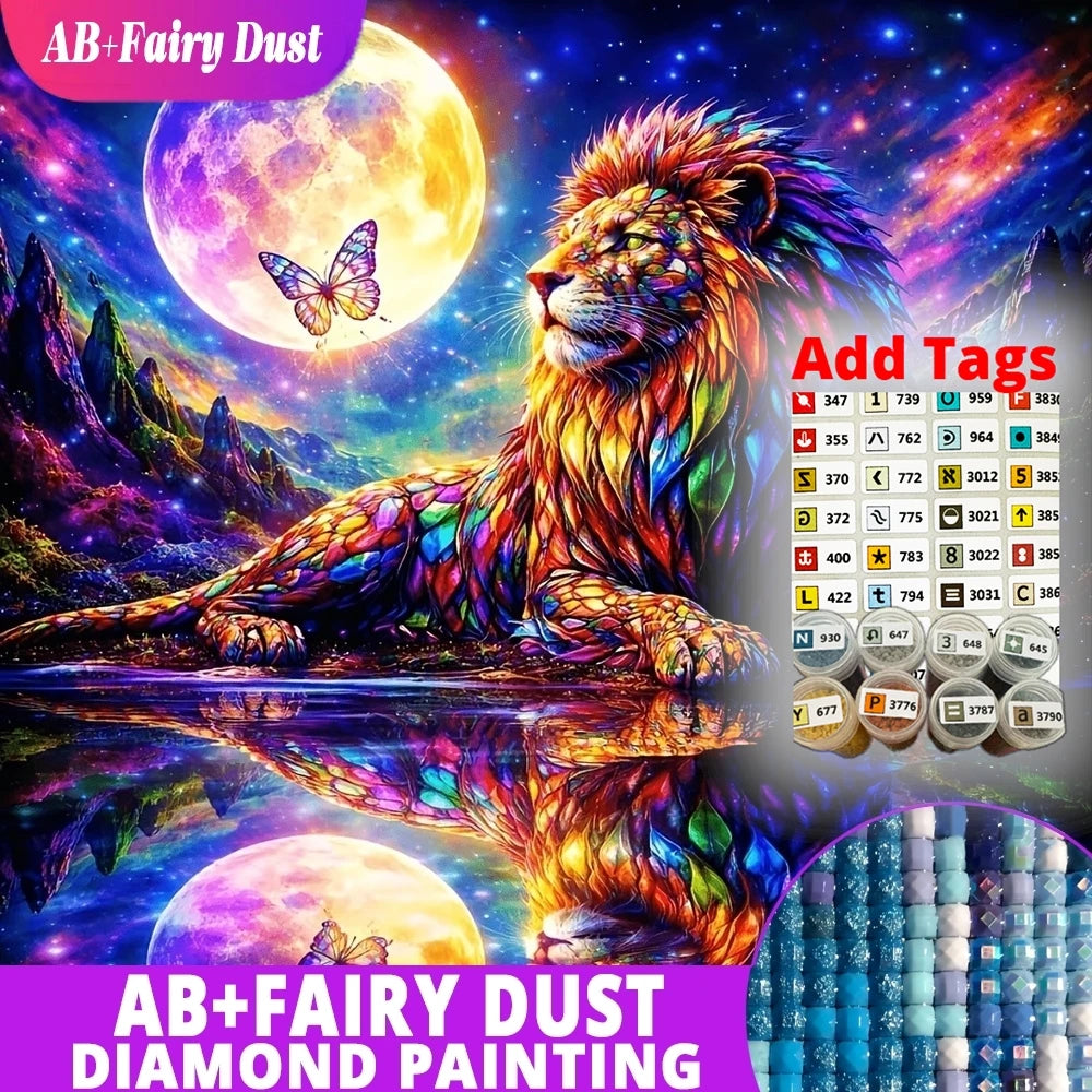 Cosmic Moon Lion – AB & Fairy Dust Diamond Painting Kit