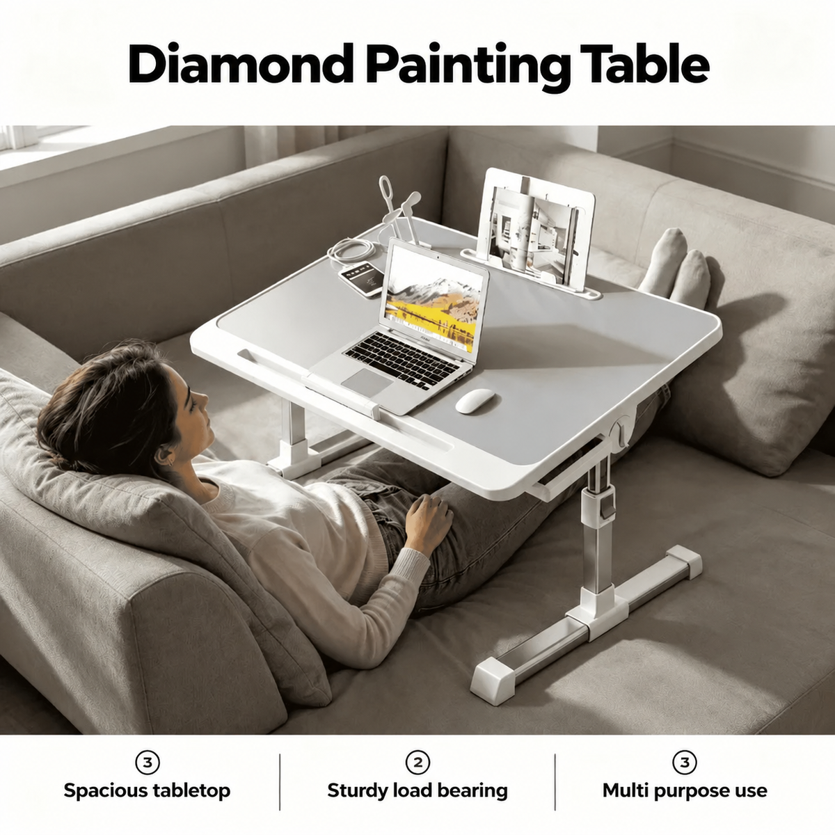 CozyCraft adjustable diamond painting table beside a sofa